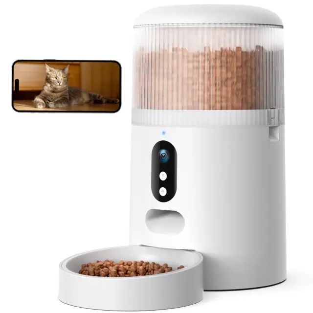Faroro automatic pet feeder with camera shown beside its mobile app