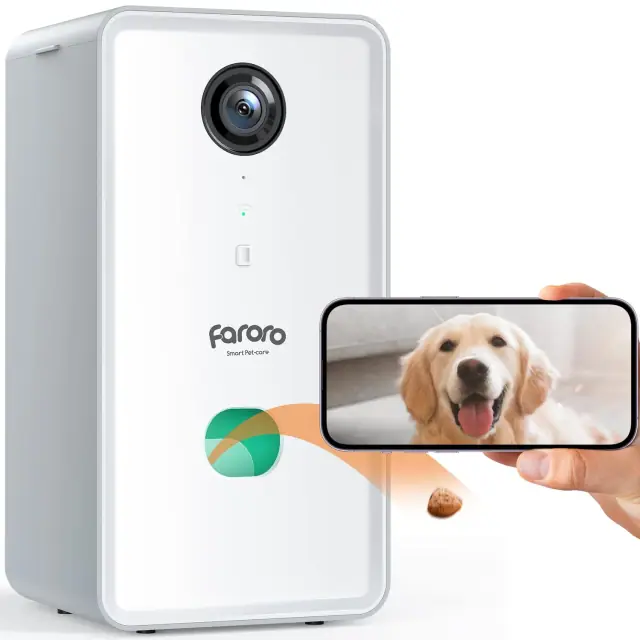 Faroro treat-dispensing pet camera shown beside its mobile app
