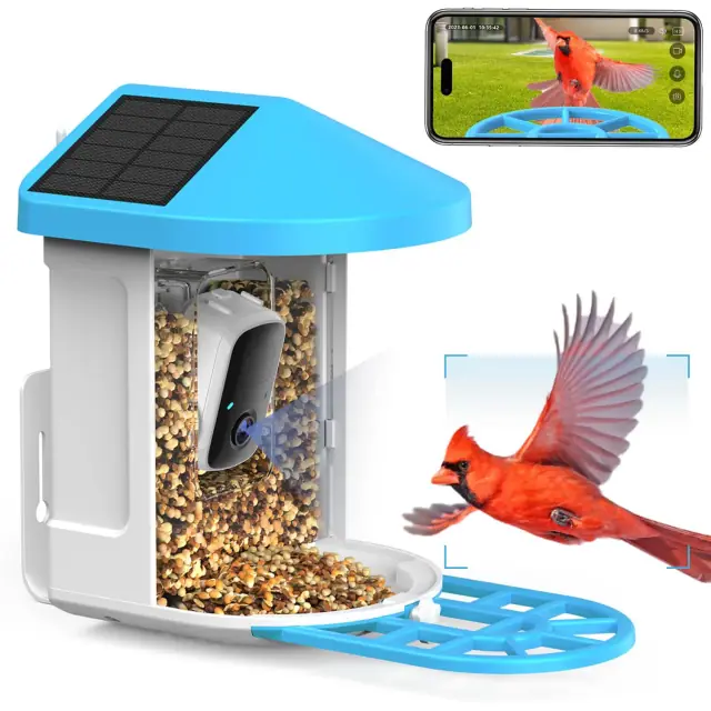 Faroro camera-equipped bird feeder shown with a cardinal and mobile app